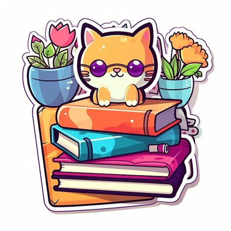 Gato De Dibujos Animados Sentado En Una Pila De Libros Con Flores En Un