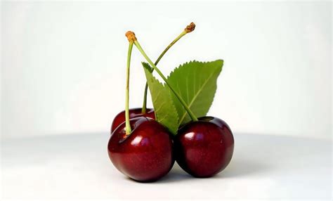 Premium Photo Two Cherries With Green Leaves On A White Surface