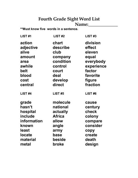 Word Lists For Th Grade