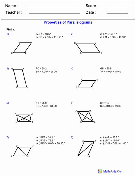 Properties Of Parallelogram Worksheets