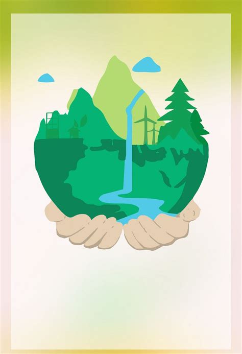 two hands holding a green earth with a waterfall in the middle and ...