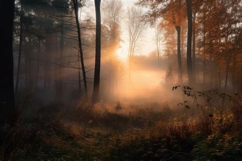 Bosque Neblinoso Al Amanecer Con El Sol Iluminando El Paisaje Creado