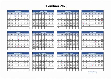 Calendrier 2025 à imprimer | WikiDates.org