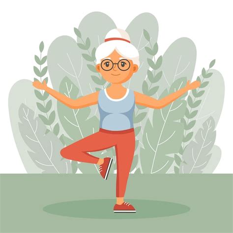 Premium Vector Happy Old Woman Grandmother Goes In For Sports Yoga