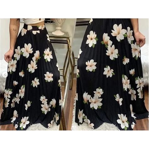 Saia Longa Feminina Plissada Estampada Floral Feminina Em Crepe