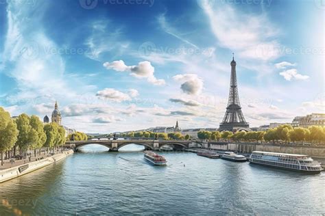 Paris aerial panorama with river Seine and Eiffel tower, France