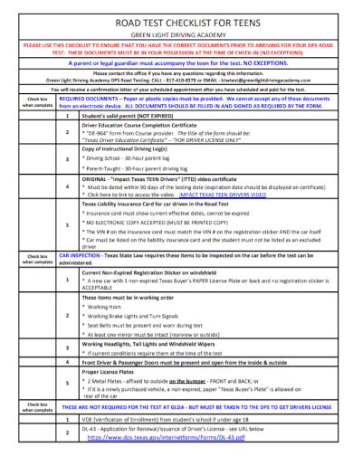 FREE 8+ Road Test Checklist Samples in PDF