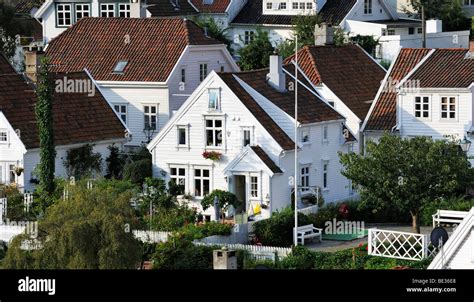 Traditional White Wooden Houses In The Old Stavanger District