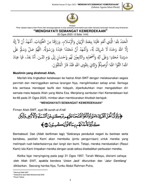 Khutbah Jumaat 25 Ogos 2023 Menghayati Semangat Kemerdekaan RUMI