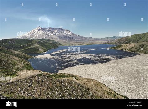 Mt St Helens with steam rising from crater and Spirit Lake, still ...