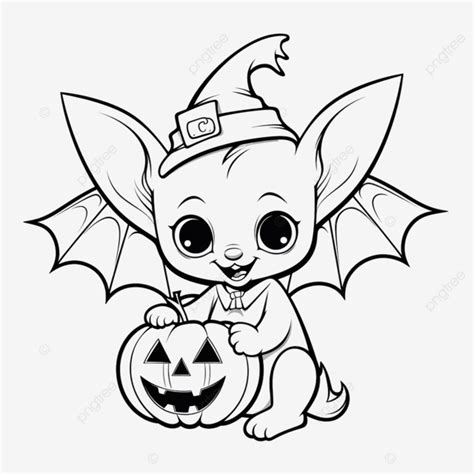 Cute Halloween Bat With Pumpkin Coloring Page, Outline Cartoon Vector ...