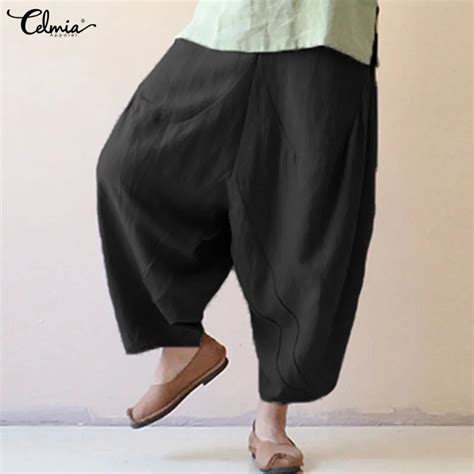 Celmia Women Wide Leg Pants Vintage Elastic Waist Cotton Linen Trousers