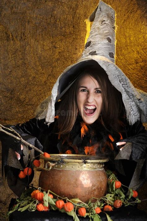 Witch Cooking In A Copper Cauldron Stock Photo Image Of Witch