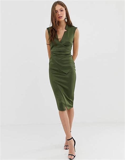 Asos Design Wrap Collared Pencil Midi Dress In Khaki Asos