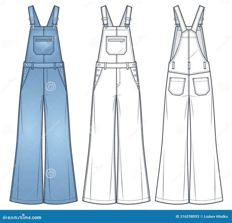 Denim Overalls Fashion Flat Technical Drawing Template Wide Leg