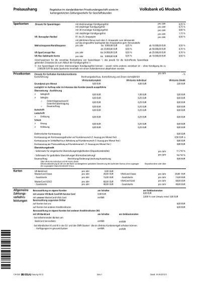 Preisaushang Volksbank EG M Volksbank EG Mosbach