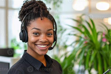 young black female consultant smiling   contact center  work