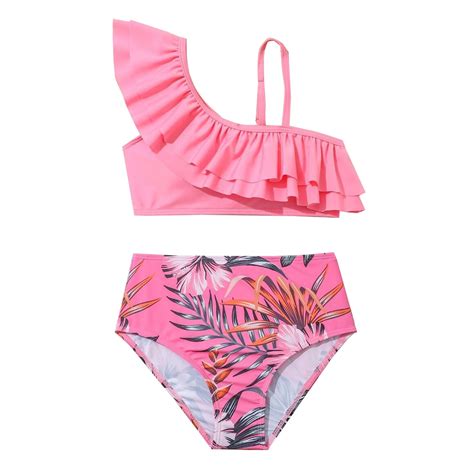 Hienoo Big Girls Swimsuit Bikini Set Tropical Print Ruffle One Shoulder Bathing Suits Walmart