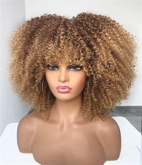 Annivia Ombre Blonde Afro Short Kinky Curly Wig With Bangs 14 Inch For Black Women