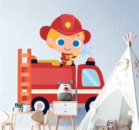 Mural Infantil Habitación Camión De Bomberos Para Niños Tenvinilo