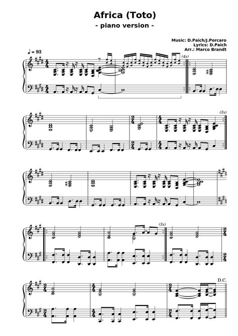 Africa Toto Sheet Music For Piano Solo Easy