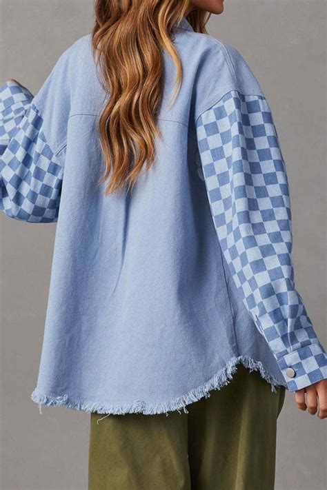 Checkerboard Patchwork Distressed Denim Jacket Arolora