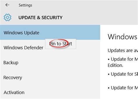 pin  start windows update  settings  windows