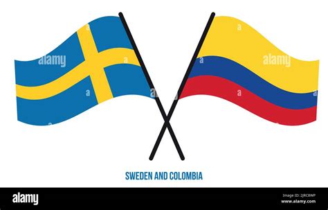 Sweden And Colombia Flags Crossed And Waving Flat Style Official Proportion Correct Colors