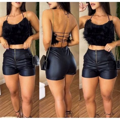 Short Feminino de Couro Cintura Alta Couro Fake Cirre Zíper Frontal