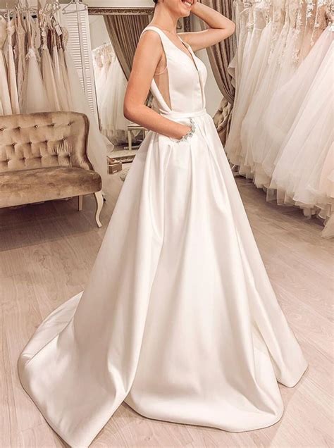 Chic A Line Plunging Neckline Satin Wedding Dress With Pockets