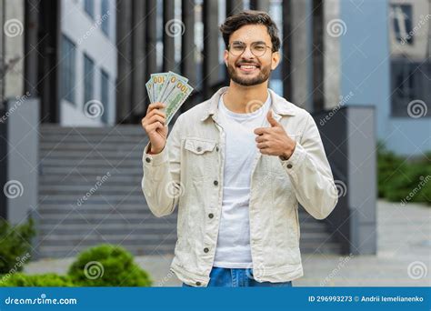 Happy Successful Rich Indian Man Counting Money Cash Dollars Salary