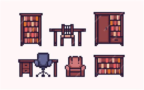 Premium Vector Bookshelf Furniture Pixel Art Set Bookcase Desk