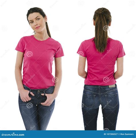Brunette Woman Wearing Blank Pink Shirt Stock Image Image Of Cotton Tshirt 107306527
