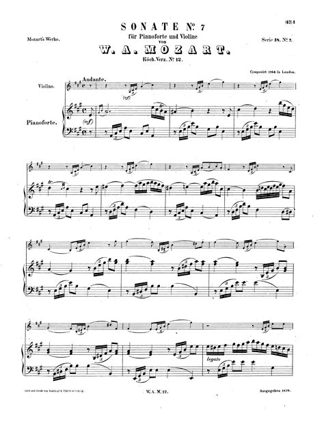 Mozart Wolfgang Amadeus Violin Sonata No7 In A Major K12 For