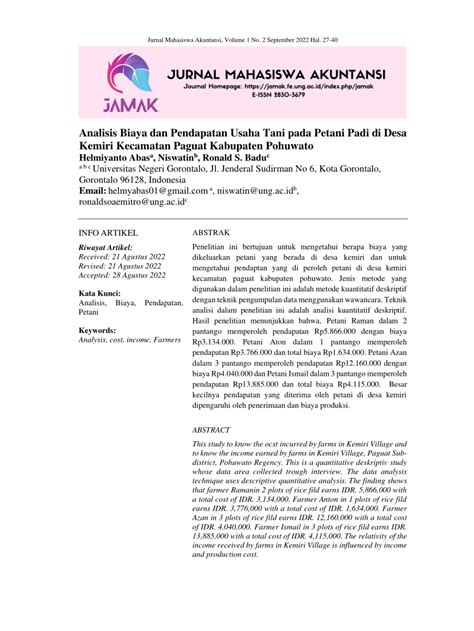 Pdf Analisis Biaya Dan Pendapatan Usaha Tani Pada Petani Padi Di Desa