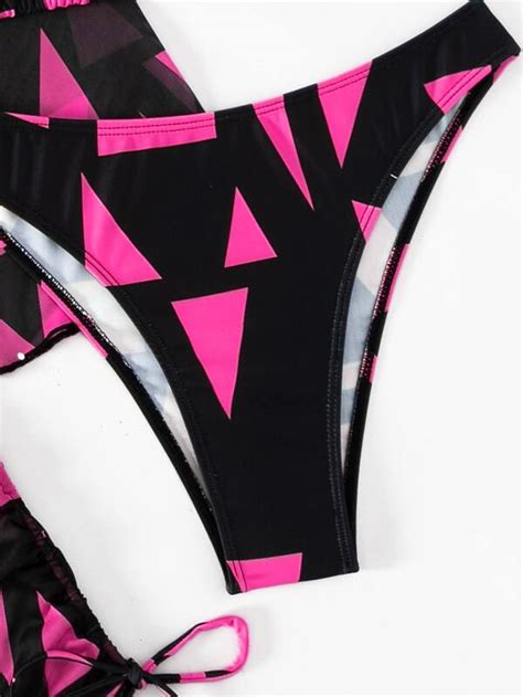 Shein Swim Mod Geometric Print Bikini Set Halter Triangle Bra Top High Cut Bikini Bottom