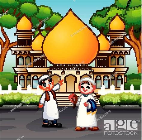 Cartoon Two Muslim Peoples In Front A Mosque Stock Vector Vector And