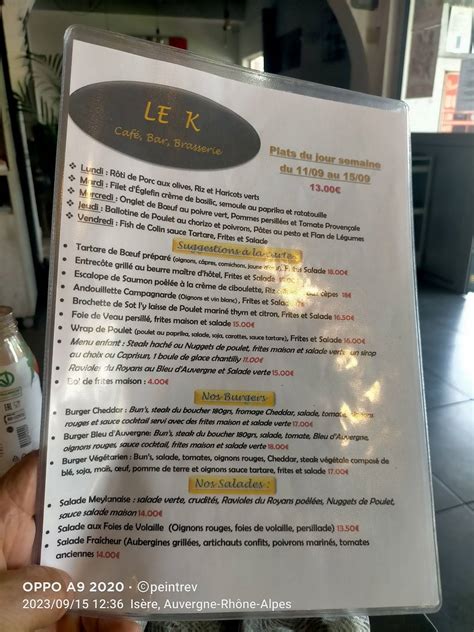 Menu Au Brasserie Le K Restaurant Meylan