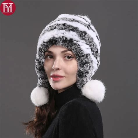 New Good Elastic Knitted Real Rex Rabbit Fur Beanies Women Winter Real