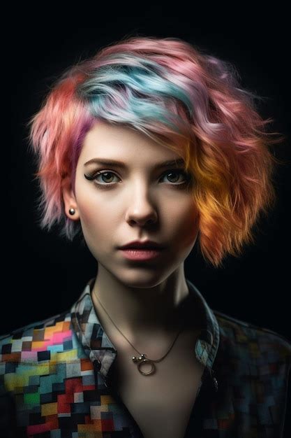 Premium Ai Image A Woman With Short Hair And A Rainbow Colored Hair