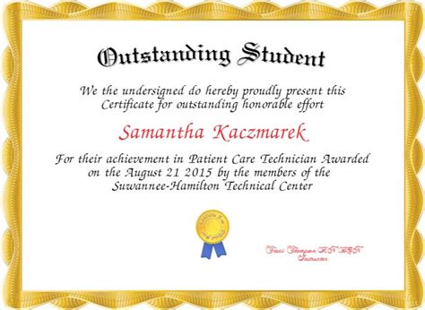 An Award Certificate For Outstanding Student