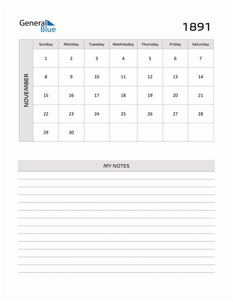 November 1891 Printable Monthly Calendar with Notes