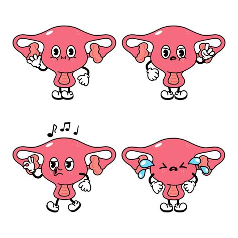 Funny Cute Uterus Character Bundle Set Vector Hand Drawn Doodle Style Traditional Cartoon