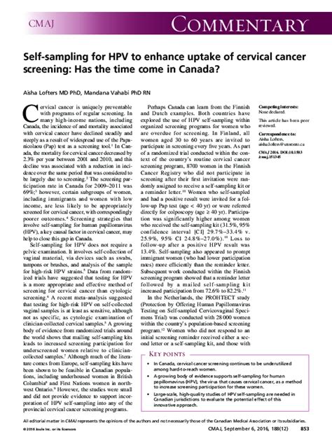 Pdf Self Sampling For Hpv To Enhance Uptake Of Cervical Cancer