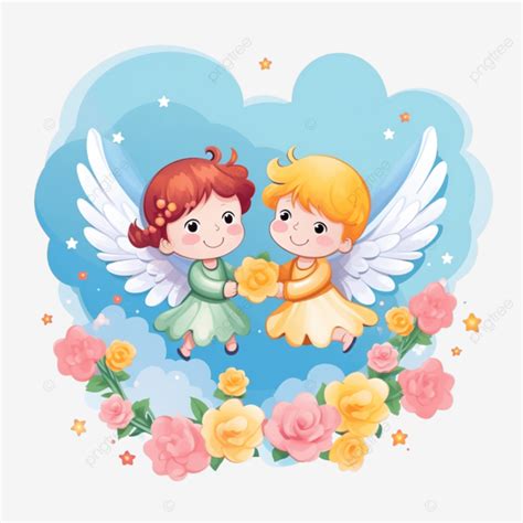 Happy Valentines Day Flying Cupids Characters Clouds Flowers Rainbow