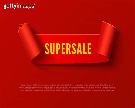 Red curved paper ribbon banner with rolls and yellow inscription 이미지