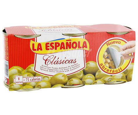 La Española Aceitunas rellenas de anchoa Pack 3 latas x 50 g peso neto