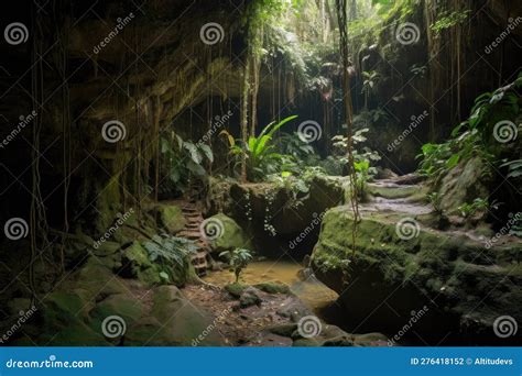 Jungle Cave, with Cascading Waterfall and Hidden Treasure Stock Illustration - Illustration of ...