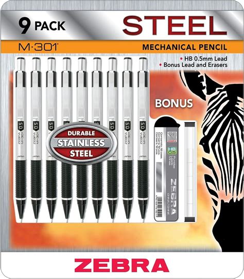 Zebra Steel Mechanical Pencil 9 Pack M 301 Bonus Lead And