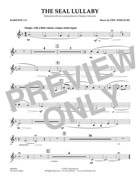 The Seal Lullaby Baritone T C Sheet Music Eric Whitacre Concert Band